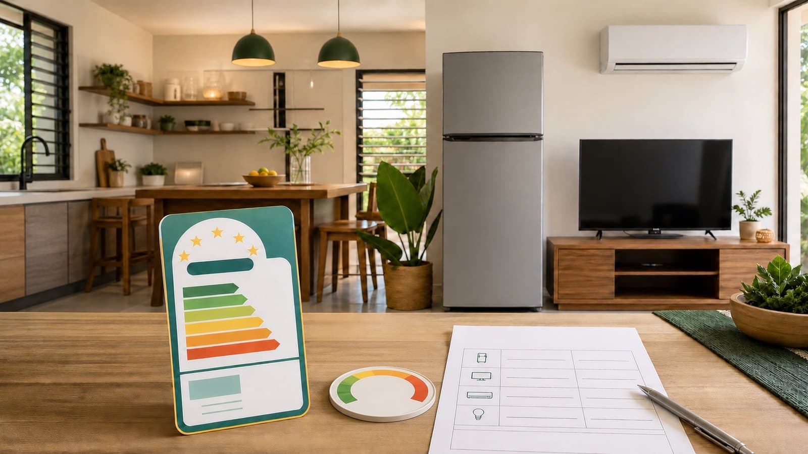 Philippine appliance buying comparison with refrigerator, air conditioner, energy label, meter, and monthly cost worksheet