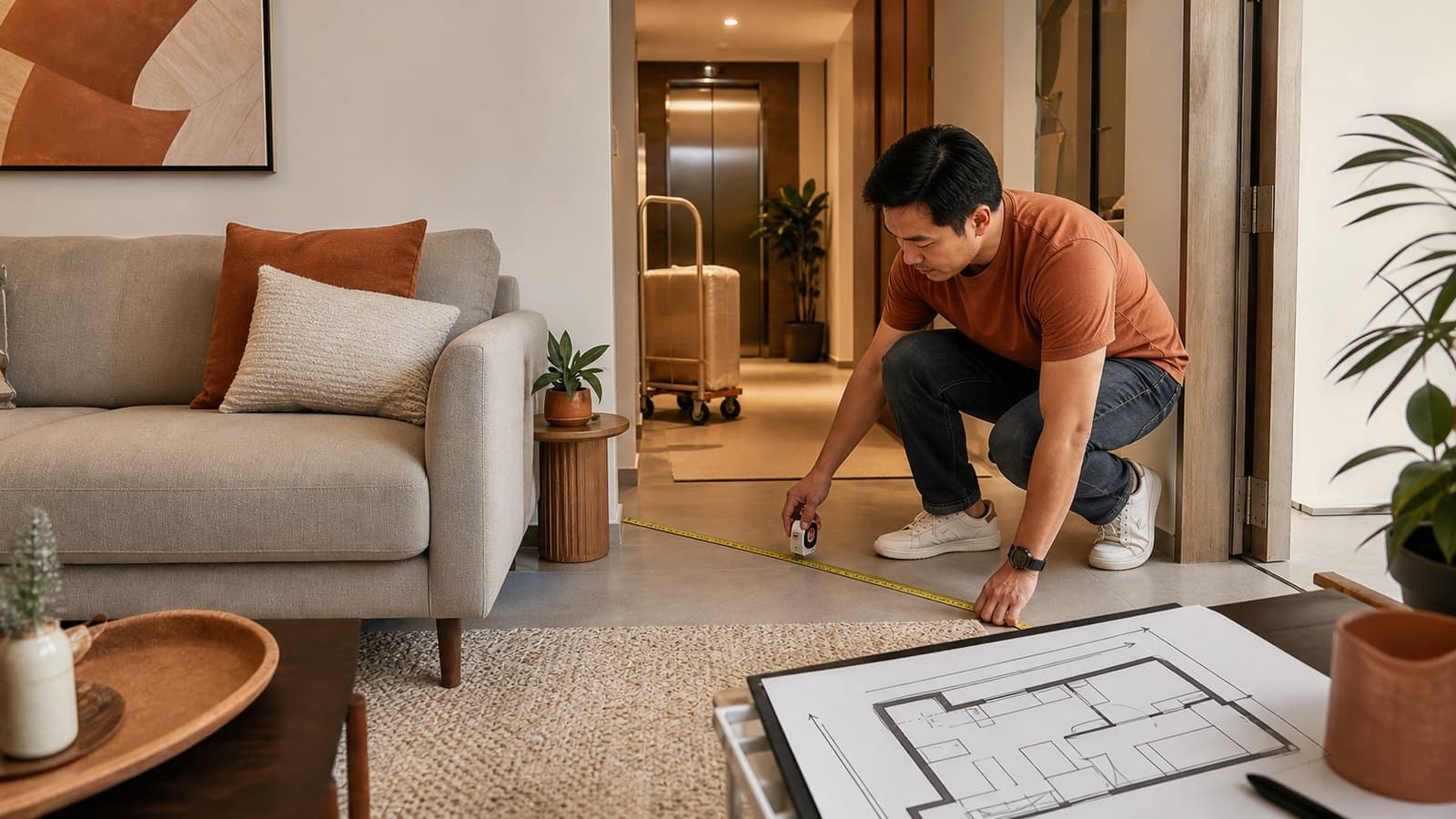 Online furniture measurement plan with tape measure, sofa, doorway, elevator, room outline, and delivery route