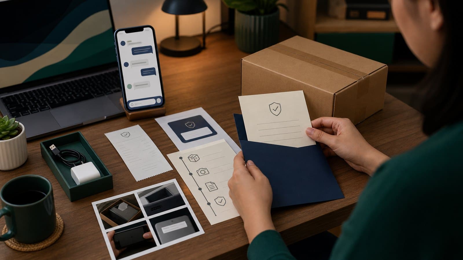 Online purchase warranty evidence folder with receipt, serial number, delivery box, checklist, and support chat
